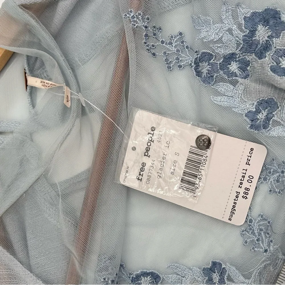 NWT Free People Saheli Embroidered-Mesh Top size small icy blue